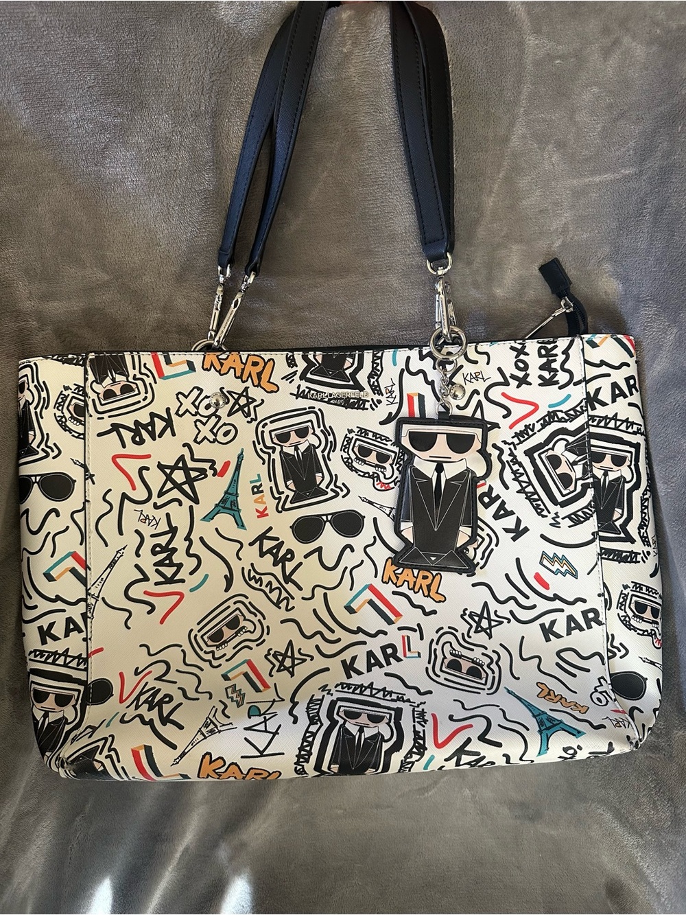 Karl Lagerfeld White Graphic Tote with Black Handles and Multicolor Accents